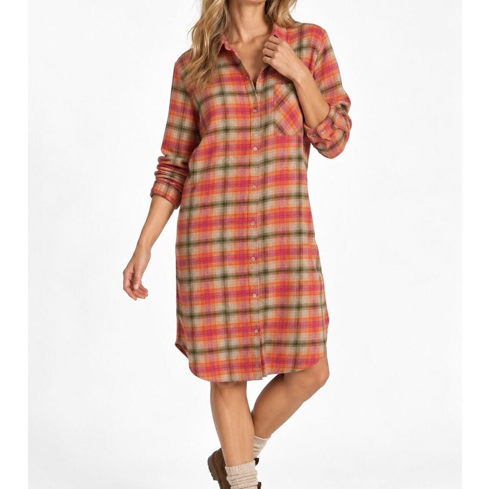 BeachLunchLounge Ariana Flannel Shirt Dress Orange Plaid Size S